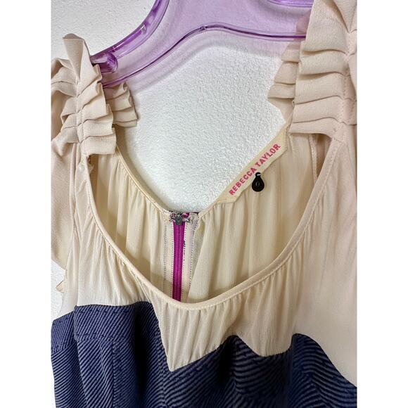 Rebecca Taylor Cream Ruffle Pleat Shoulder Blue Jean Stripe Linen Sheath Dress 0 - Picture 6 of 12